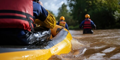 A group of adventurers navigates a turbulent river in a raft, embodying excitement, teamwork, adventurous spirit, and a thrilling embrace of nature's raw power.