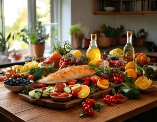 Mediterranean diet spread featuring fresh fruits like berries and oranges