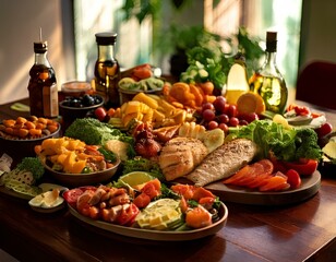 Mediterranean diet spread featuring fresh fruits like berries and oranges
