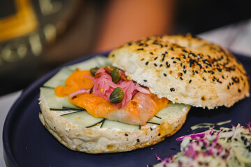 Salmon sandwich in the plate.