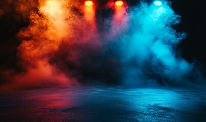 Obraz premium Abstract background with red and blue spotlights and smoke.