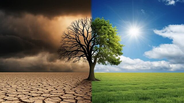 Digital art showcases landscape split in two: barren desolation versus lush vitality illustrating duality