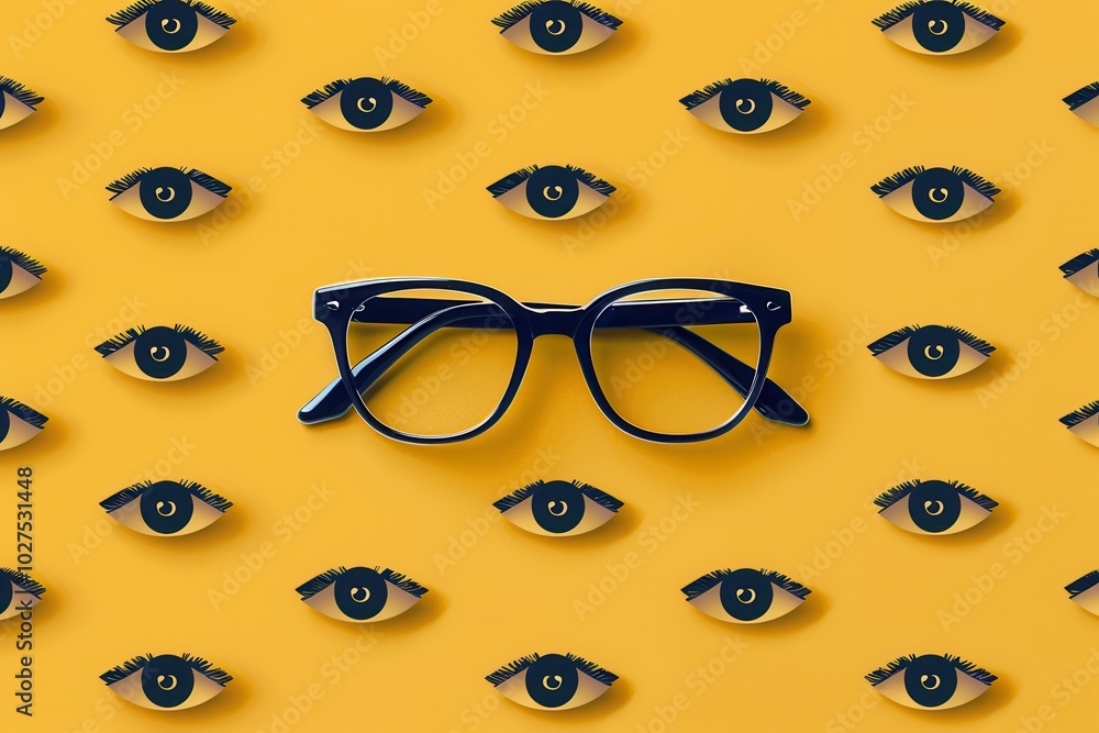 Poster a pair of eyeglasses is prominently featured against a striking background adorned with stylized art