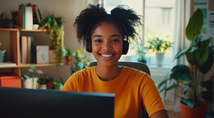 Young African-American woman sitting front computer monitor home