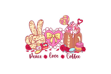 Peace Love Coffee, Retro Coffee Valentine PNG Sublimation Design