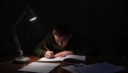 Dedicated Student Intensely Studying at Night Under Focused Desk Lamp Light