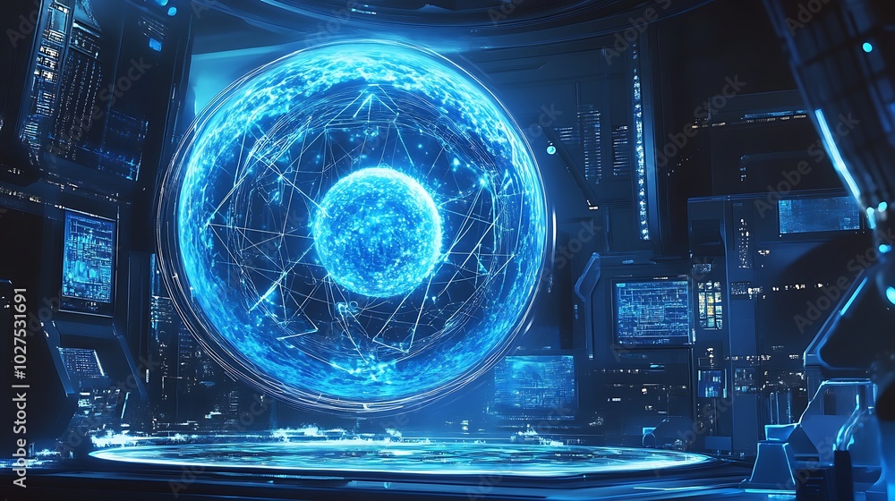 Poster a futuristic physics lab with holographic simulations of high-energy particle interactions and quant