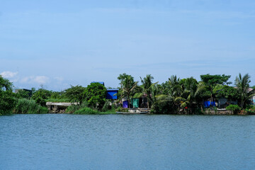 Houses and trees within a fish pond.