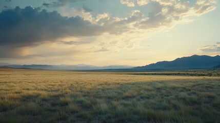 Fototapeta premium Expansive Grasslands and Dramatic Sky at Sunset in the Countryside