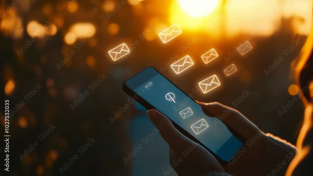 Poster woman is holding a smartphone with email icons floating above it, symbolizing the concept of receivi