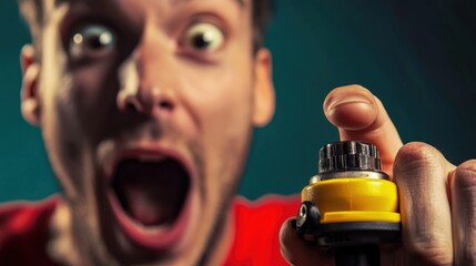 a game show contestant pressing a buzzer with excitement, capturing the tension and thrill of competition