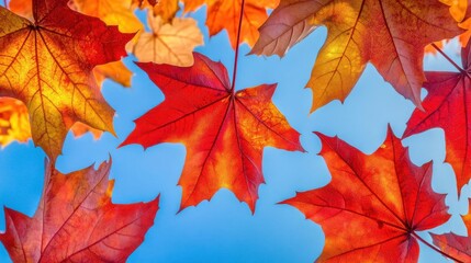Obraz premium A group of red, orange, and yellow maple leaves in autumn hanging scattered on the tree branch against blue sky background