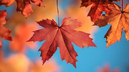 A group of red, orange, and yellow maple leaves in autumn hanging scattered on the tree branch against blue sky background
