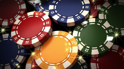 Colorful casino poker chips on black background with sparkling highlights.