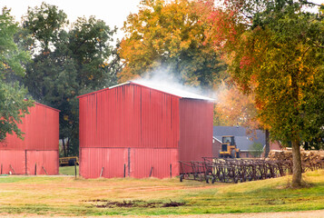 Curing tobacco. Kentucky tobacco barn with smoke rising from the roof against brilliant fall foliage © Gerald Zaffuts