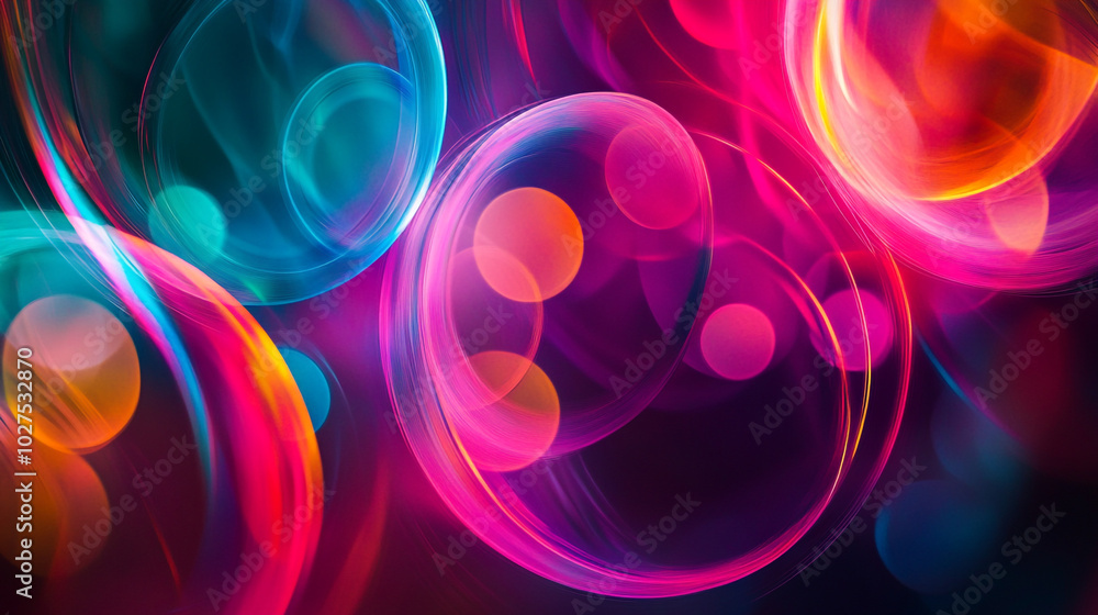 Poster colorful bubbles floating through a dark background, creating a mesmerizing visual effect