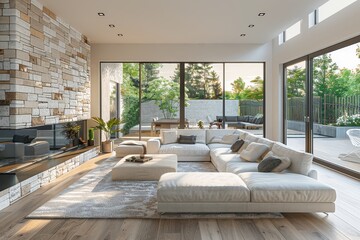 Naklejka premium Modern living room with stone fireplace, white sofa, and armchairs, featuring sliding glass door to a backyard garden in a luxury home design.