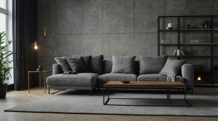 Grey corner sofa against shelving wall unit and fireplace