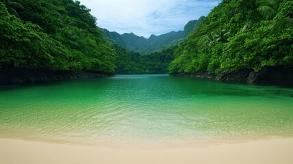 Fototapeta premium Secluded tropical bay with calm waters, surrounded by a lush jungle, offering a peaceful, hidden beach paradise