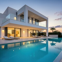 Fototapeta premium Exterior of modern minimalist cubic villa with swimming pool at sunset. Created with generative Ai