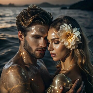 Sandy-Haired Couple Embracing in Ocean with Sunset Glow, Golden Skin and Floral Accents, Warm and Romantic Atmosphere