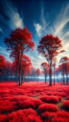 A vibrant land with red Maple trees and a field of red flowers under a blue sky with clouds.

