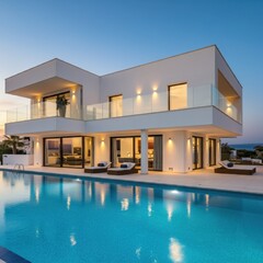 Fototapeta premium Exterior of modern minimalist cubic villa with swimming pool at sunset. Created with generative Ai