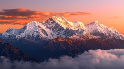 Majestic Snow-capped Mountain Peaks at Sunset with a Sea of Clouds
