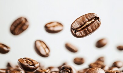 Coffee beans falling and scattering on white background.