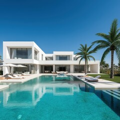 Fototapeta premium Exterior of amazing modern minimalist cubic villa with large swimming pool among palm trees. Created with generative Ai