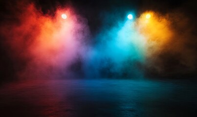 Dark studio background with colorful spotlights and smoke.