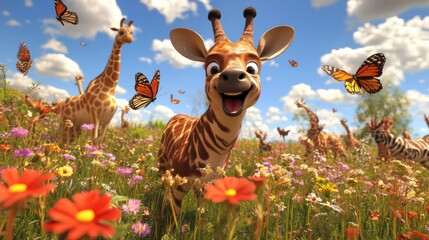 Naklejka premium 3D cartoon animals bounce playfully through a lively field of flowers, while butterflies glide through the colorful meadow.