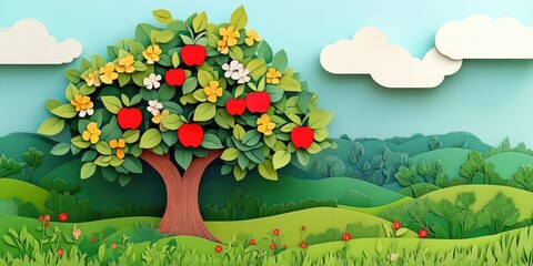 Apple tree in a grassy landscape, Fruit tree in a green field