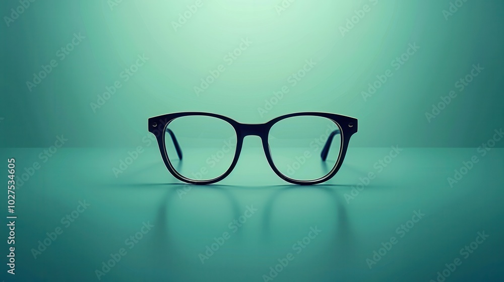 Aufkleber a pair of sleek eyeglasses rests centered on a minimalist surface with a tranquil teal backdrop, sho