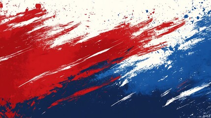 Abstract red, white and blue paint splatters on a white background.