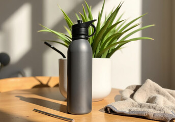 Stylish Stainless Steel Water Bottle on Wooden Table