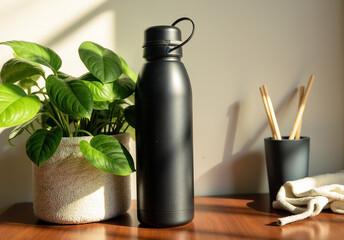 Stylish Stainless Steel Water Bottle on Wooden Table