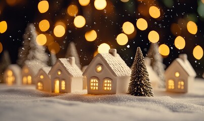 Fototapeta premium Miniature white houses with warm lights, a snow-covered scene against a backdrop of bokeh lights and falling snow.
