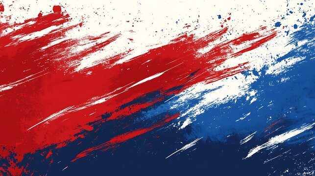 Abstract red, white and blue paint splatters on a white background.