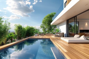 Modern wooden terrace with swimming pool, bamboo bushes, and garden furniture under blue sky. Clean design and serene outdoor space.