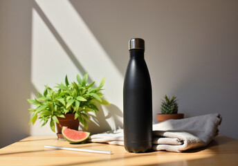 Stylish Stainless Steel Water Bottle on Wooden Table