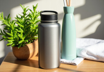 Stylish Stainless Steel Water Bottle on Wooden Table