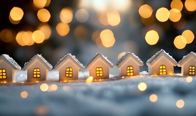 Obraz premium Row of small white houses with warm lights in snow with bokeh lights background.