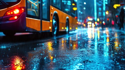 Obraz premium a bus driving through a rain-soaked city street, with reflections of city lights on the wet pavement, symbolizing daily routine and perseverance