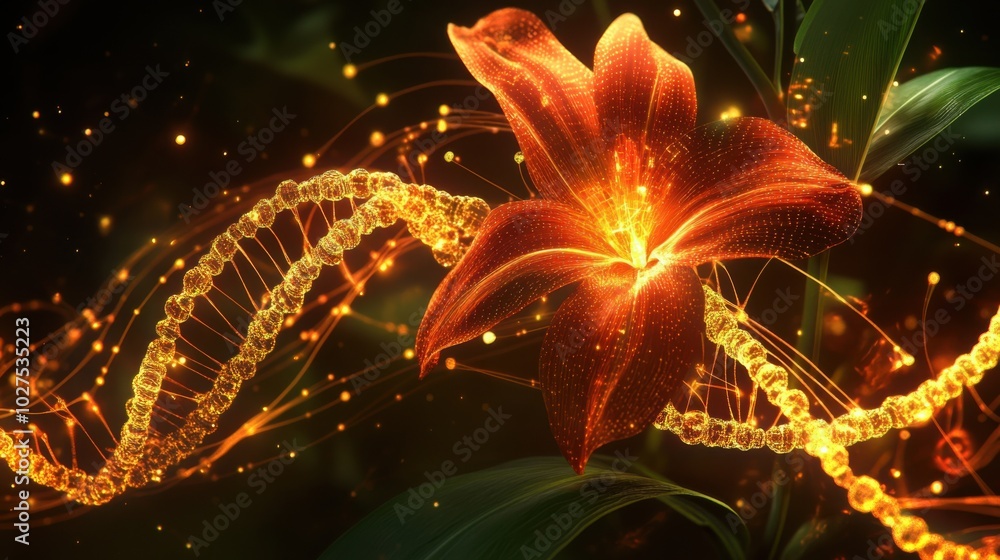 Poster a genetically optimized flower with visible dna structures running through its veins, engineered for