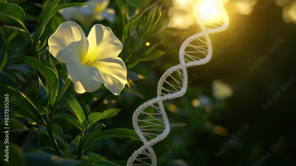 Poster a genetically optimized flower with visible dna structures running through its veins, engineered for