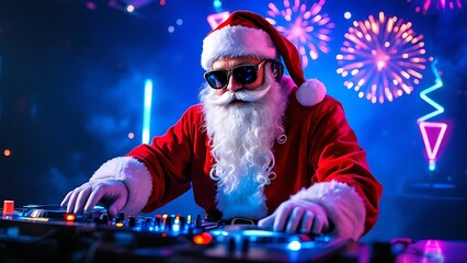 A person dressed as Santa Claus is DJing at a festive event with colorful neon lights and fireworks in the background