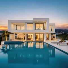 Exterior of modern minimalist cubic villa with swimming pool at sunset. Created with generative Ai