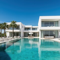 Exterior of amazing modern minimalist cubic villa with large swimming pool among palm trees. Created with generative Ai
