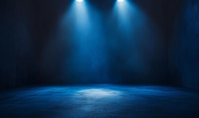 Two spotlights illuminate a dark, empty room with a textured concrete floor and walls, creating a dramatic and mysterious atmosphere.